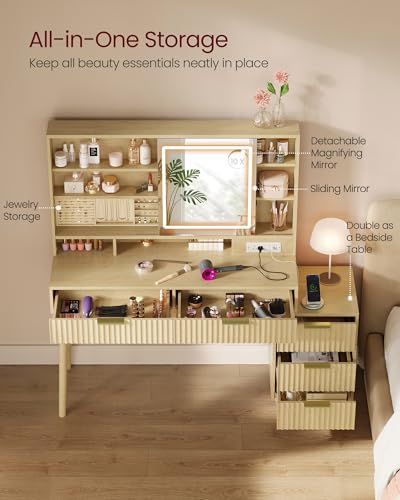 VASAGLE MAXE Collection - Vanity Desk with Sliding Mirror and Lights, Mid Century Modern Fluted Makeup Vanity with 10x Magnifying Mirror, Charging Station, Jewelry Storage, Oak Beige URDT139YC01S VASAGLE