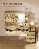 VASAGLE MAXE Collection - Vanity Desk with Sliding Mirror and Lights, Mid Century Modern Fluted Makeup Vanity with 10x Magnifying Mirror, Charging Station, Jewelry Storage, Oak Beige URDT139YC01S VASAGLE