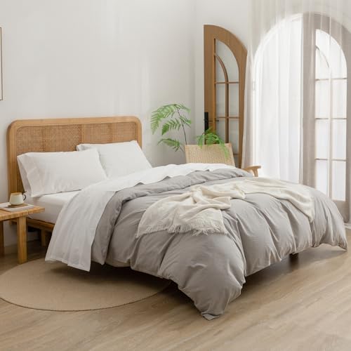 BESTOUCH Sheet Set 100% Washed Cotton Linen Feel Super Soft Comfortable Chic Lightweight 3 Pcs Home Bedding Set Solid Off White Twin BESTOUCH