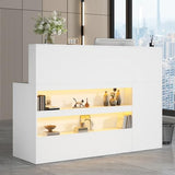63" Reception Desk with LED Lights Power Outlets,L-Shaped Modern Front Table Reception Room Table with Cable Grommet,Lockable Drawers,Retail Checkout Counter for Lobby,Salon,Home Office Desk,White