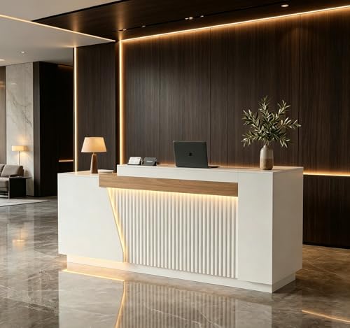 ZIMASYA 86.6" Modern Front Desk Reception Counter,Commercial Reception Room Tables with Built-in Outlets,Combination Lock Drawers, LED Lights for Office Beauty Salon Retail Store,White