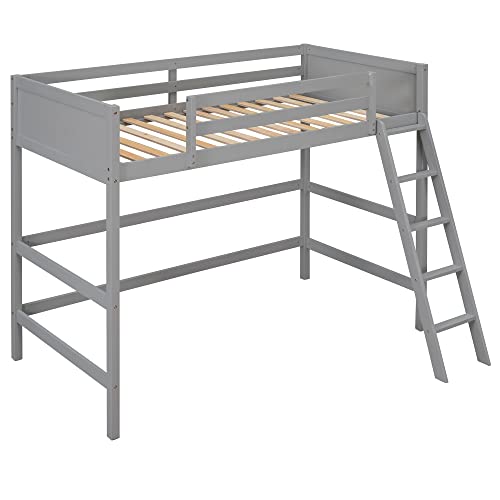 Harper & Bright Designs Grey Twin Loft Bed Frame with Angle Ladder and Full-Length Guardrails for Kids and Teens - WoodArtSupply