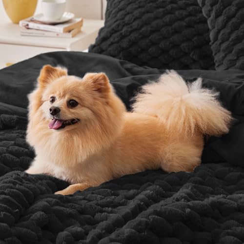 BEDELITE Fluffy Queen Comforter Set - Black Fleece Soft Comforter for Queen Size Bed, Luxury Warm Bedding Set for Winter, Fuzzy Bed Set 3 Pieces (1 Comforter, 2 Pillowcases) BEDELITE