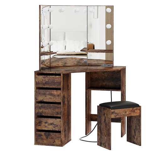 Garvee Corner Vanity Desk and Bench, Makeup Vanity Table with 3-Folding Lighted Mirrors, Charging Station, 5 Drawers for Bedroom Garvee