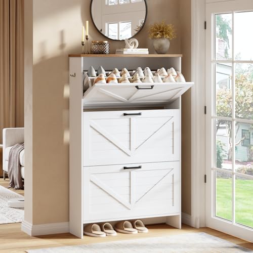Nicetree Shaker Barn Door Shoe Cabinet, 3 Flip Drawers & 3Tier Adjustable Shelves, Ultra Slim Freestanding, Modern Rustic Brushed White Farmhouse Shoe Rack for Entryway, Hallway, Foyer & Mudroom White Nicetree