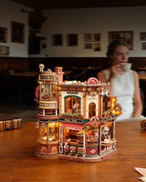 ROKR Moving Dream Coffee Factory DIY Miniature House Kit - 3D Wooden Puzzles for Adults with Music Box & LED Lights, No Glue Kinetic Model Building Kit, Unique Home Decor Gifts for Adults Women Men