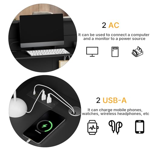 Reception Desk with Counter, Modern Front Desk Reception Room Table with LED Lights, Retail Checkout Counter with Lockable Drawers & Power Outlets for Lobby, Salon, Home Office Desk, Black