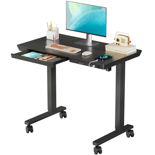 JYLH JOYSEEKER Small Standing Desk with Drawer, 35" x 20" Whole Piece Tabletop Electric Sit Stand Table, Height Adjustable Desk with Storage & USB Ports, Quick Install Home Office Computer Desk, Black JYLH JOYSEEKER