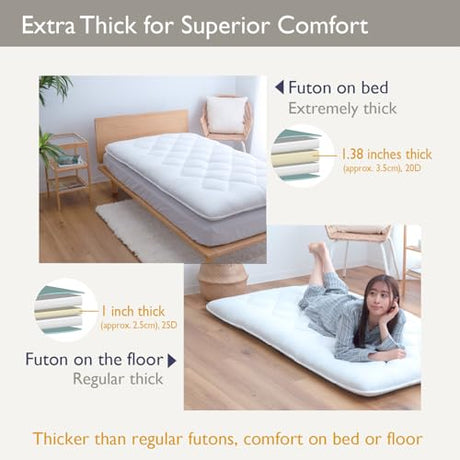 TEIJIN Japanese Futon Mattress, 100% Polyester, Foldable & Portable Floor Lounger Bed, Roll Up Sleeping Pad, Shikibuton (Twin XL, Extremely Thick) TEIJIN