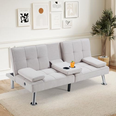 HAOMARKETS Futon Sofa Bed with USB Charging Port, Convertible Futon Couch with 2 Cup Holders,Modern Folding Loveseat Sleeper Couches for Small Spaces, Living Room, White HAOMARKETS