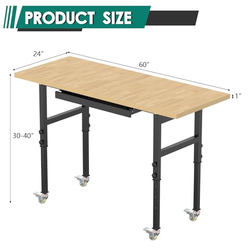 Adjustable Heavy Duty Workbench with Drawers, Metal Wheels Wood Top Working Table, 2500 LBS Load Capacity with for Workshop and Office,etc. DUSACOM