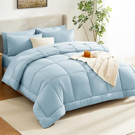 CozyLux Full Size Comforter Sets Light Blue, 7 Pieces Bed in a Bag, Blue Comforter Full Size, All Season Bedding Sets with Stitch Quilted Comforter, Flat Sheet, Fitted Sheet, Pillowcases CozyLux