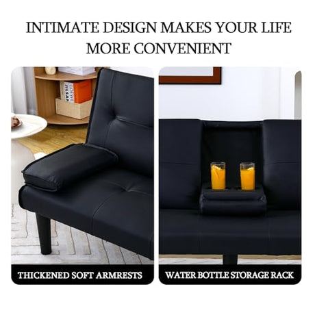 Convertible Sleeper Sofa Bed, Modern Leather Futon Couch Bed Twin Size, 67'' Recliner Reversible Loveseat Folding Couches Guest Bed for Small Spaces Living Room Office Dorm RV, 2 Cupholders (Black) Xinmviec