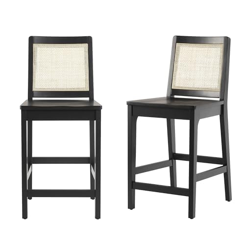 Walker Edison 2-Piece Boho Rattan Back Solid Wood Counter Stool, Set of 2, Black Walker Edison