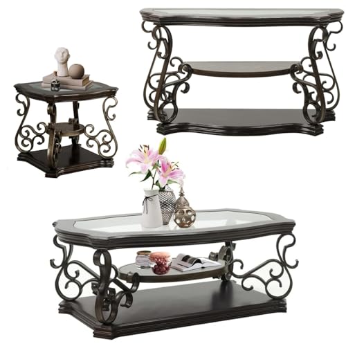 3 Piece Living Room Table Set,Glass Coffee Table with End Table Console Table,Coffee Table Set with Glass Top and Metal Frame for Home Office, Faux Marble Shelf Retro Centre Table and End Table Set Henf