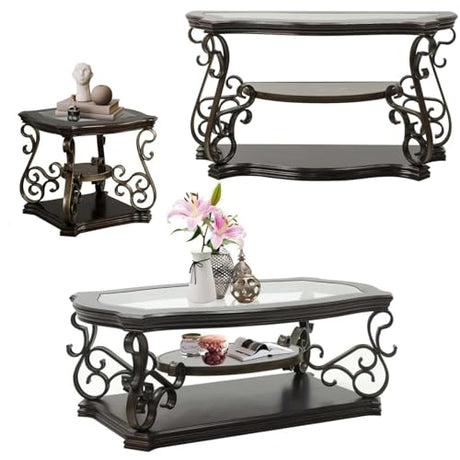 3 Piece Living Room Table Set,Glass Coffee Table with End Table Console Table,Coffee Table Set with Glass Top and Metal Frame for Home Office, Faux Marble Shelf Retro Centre Table and End Table Set Henf