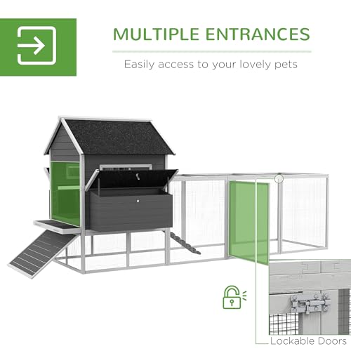 PawHut 137" Wooden Chicken Coop for 8-10 Chickens, Large Chicken House, Poultry Hen Cage with Nesting Box and Run for Backyard, Gray - WoodArtSupply