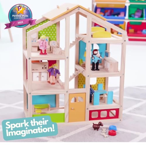 PIDOKO KIDS Skylar Wooden Dollhouse - Includes 20 Pcs Furniture Accessories, 5 Family Dolls and a Pet Dog - Wood Doll House for 3 4-5 Year Old Girls