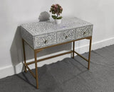 Bone Inlay Console Table with Gold Base, Gray and White Floral Pattern, 3 Drawers, Handcrafted Traditional Design Generic