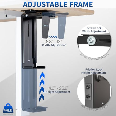 VIVO Under Desk and Wall 8.3 to 13 inch Wide Office and Gaming PC Mount, Large Computer Case CPU Machine Holder with Swivel and Locking, Holds 44 lbs, Black, MOUNT-PC01L VIVO