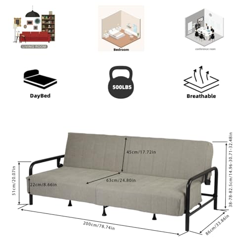 Homy Casa Modern Grey Futon Sofa Bed with Arm, 78.74" 3-Position Adjustable Backrest, Metal Frame, Capacity 500 lbs, Convertible Daybed for Living Room/Guest Room/Studio Apartment Homy Casa