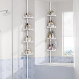 shuang qing 360° Rotating Corner Shower Caddy Tension Pole Organizer - 4-Tier Adjustable Rustproof Metal Pole, Plastic Shelves with Safety Guardrail, Bathroom Storage for Shower & Bathtub(White) shuang qing
