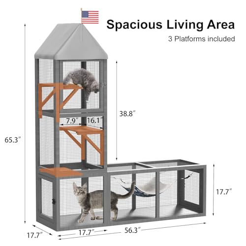 TIMHAKA 2 in 1 Indoor Catio, Outdoor Cat Enclosure with Tunnel, Pet Playen Include 1 Catio and 1 Tunnel, Cat Enclosure with Cats Hammock and Waterproof Cover, Indoor Outdoor Cats Cage with 2 Door TIMHAKA