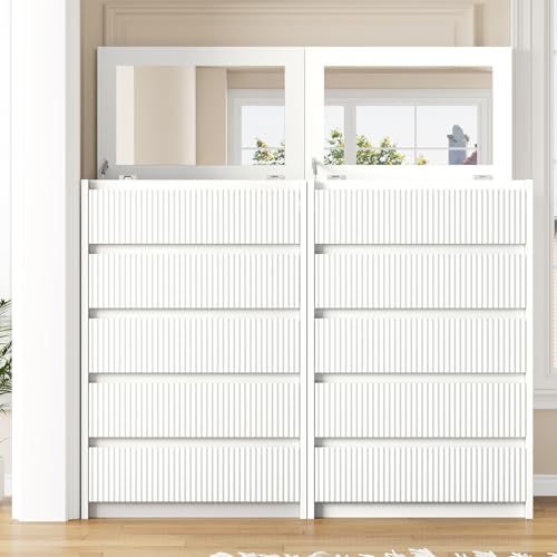 Jocoevol White Dresser 5 Drawer Dresser for Bedroom, Modern Fluted Dresser with Deep Drawers and Mirror, Wooden Dresser Chest of Drawers for Living Room, Hallway, Entryway - WoodArtSupply