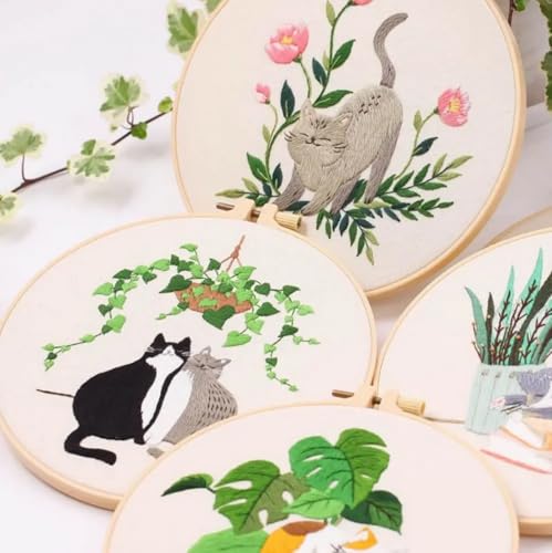 Mozzyyee 4pcs Cat Embroidery Kits for Beginners, DIY Adult Beginner Embroidery Sets with Instructions, 2 Plastic Embroidery Hoops,Scissor, Threads and Needles (Grey Cats)