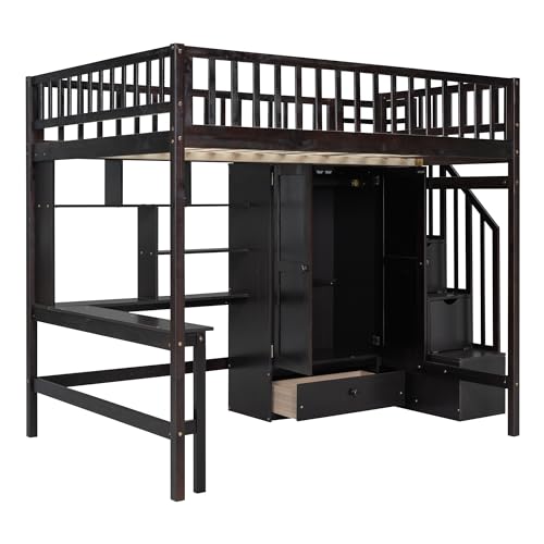 SOFTSEA Espresso Full Size Loft Bed with Desk, Wardrobe, and Storage Steps for Kids - WoodArtSupply