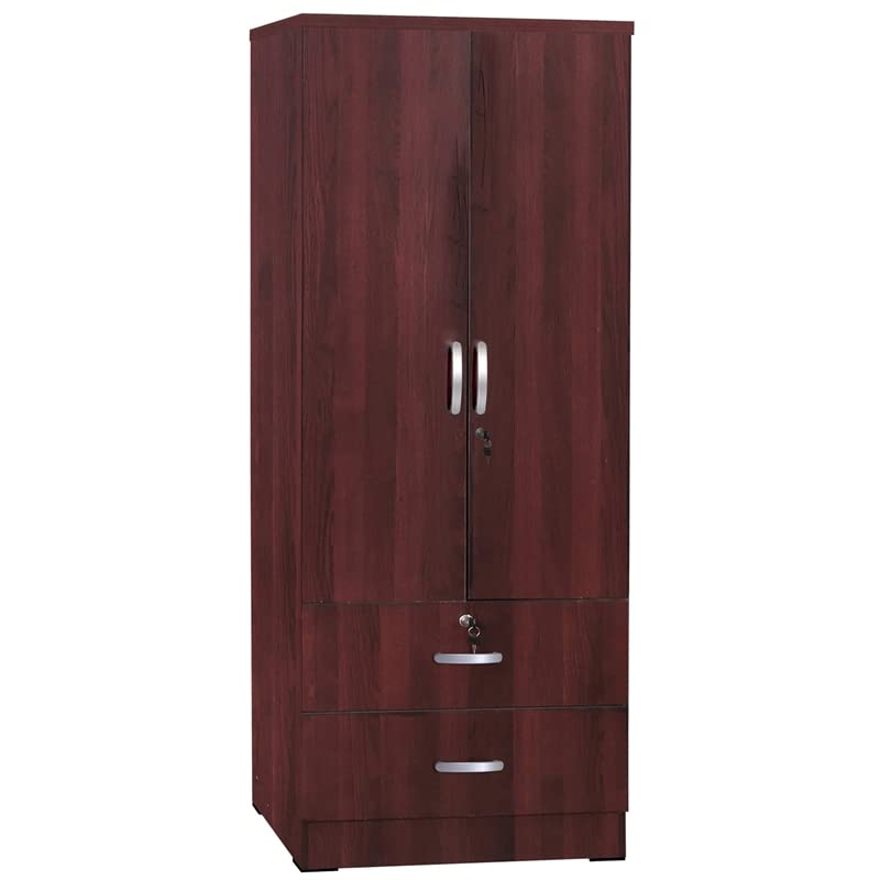 Pemberly Row 72" H Contemporary Engineered Wood Wardrobe Armoire with 2 Lockable Smooth Doors & 2 Full Size Drawers, Assembly Required, in Mahogany Finish Pemberly Row