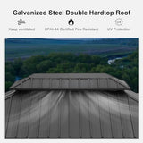 PURPLE LEAF 11' X 14' Hardtop Gazebo with Light Galvanized Steel Double Roof Outdoor Gazebo for Patio Lawn and Garden Curtains and Netting Included Grey PURPLE LEAF