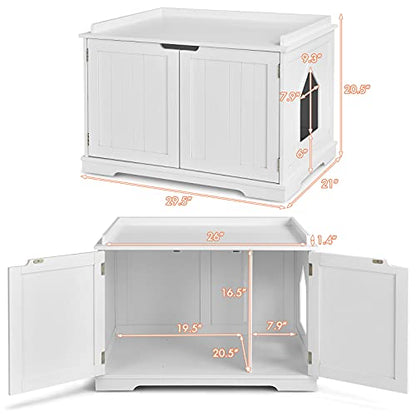 Tangkula Litter Box Enclosure, Cat Litter Box Furniture Hidden, Nightstand Pet House with Double Doors, Indoor Decorative Cat Box Cabinet, Cat Washroom Storage Bench for Large Cat Kitty (Whit - WoodArtSupply