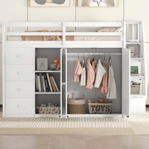 Ball & Cast Full Size Loft Bed with Storage Staircase & Safety Guardrail,Sturdy Wood Bedframe W/ 3 Cabinets & 4 Drawers,Built-in Wardrobes,Space Saving,for Boy Girl Kids Small Bedroom Dormitory,White Ball & Cast