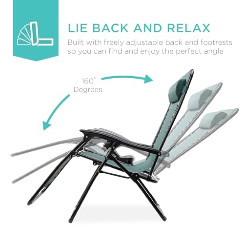 Best Choice Products Set of 2 Adjustable Steel Mesh Zero Gravity Lounge Chair Recliners w/Pillows and Cup Holder Trays - Forest Green