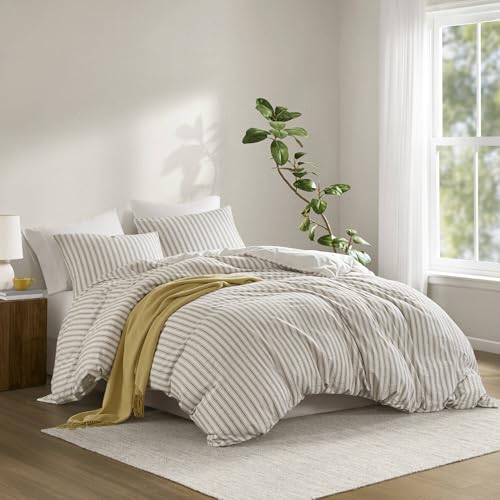 Madison Park Duvet Cover Set for Hot Sleepers - Linen Cotton Rayon Blend, Queen Size 3 Piece Set with Shams - Lightweight & Breathable Bedding, Tan Striped Design Madison Park