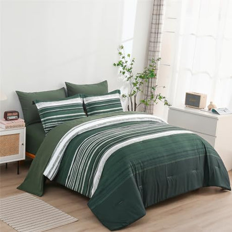 KAKIJUMN 7 Piece Bed in a Bag Stripe Comforter Set Full Size, White Grey Green Patchwork Striped Comforter and Sheet Set, All Season Soft Microfiber Complete Bedding Sets(Dark Green,Full) KAKIJUMN