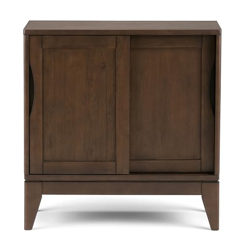 SIMPLIHOME Harper SOLID WOOD 30 inch Wide Mid Century Modern Low Storage Cabinet in Walnut Brown, with Large Space Behind 2 Sliding Notched Handle SIMPLIHOME