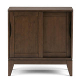 SIMPLIHOME Harper SOLID WOOD 30 inch Wide Mid Century Modern Low Storage Cabinet in Walnut Brown, with Large Space Behind 2 Sliding Notched Handle SIMPLIHOME