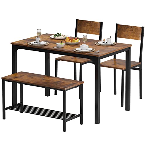 soges 4 Pieces Dining Table Set, 43.3 inch Kitchen Table Set for 4, Dining Set with 2 Chairs and Bench with Storage Rack, Nesting Furniture Set for Dining Room, Kitchen, Restaurant, Rustic Brown soges
