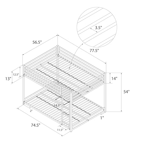 DHP Miles Low Metal Bunk Bed Frame for Kids, With Built-in Ladder, High Guardrail and Metal Slats, Floor Bed Bottom Bunk, No Boxspring Required, For Small Spaces, Full-Over-Full, Blue DHP