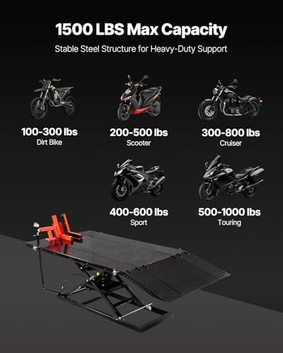 VEVOR Motorcycle Lift Table, 1500lbs Weight Capacity, Pneumatic Motorcycle Jack, 8.6-31 in Height Range, Heavy Duty Bike Repair Stand with Removable Workbench, Repair Platform for ATVs, Dirt Bike VEVOR
