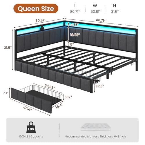 Hasuit Queen Corner Bed Frame with Storage Drawers, Queen Daybed with Line Fabric Upholstered Fence, Kids Bed Unit with LED Light and Charging Station, Modern Bed Frame Queen Size, Gray Hasuit