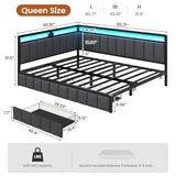 Hasuit Queen Corner Bed Frame with Storage Drawers, Queen Daybed with Line Fabric Upholstered Fence, Kids Bed Unit with LED Light and Charging Station, Modern Bed Frame Queen Size, Gray Hasuit