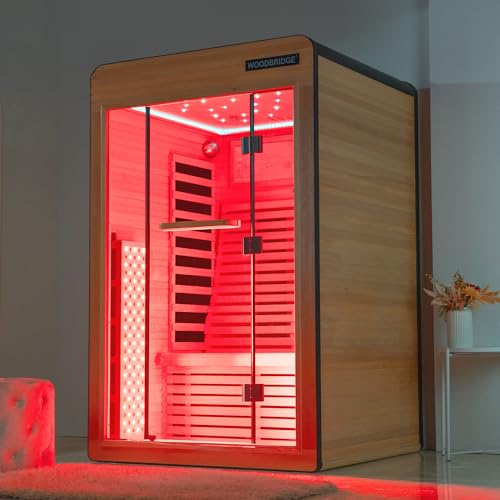 Woodbridge Infrared Home Sauna Room 2 Person Hemlock Wooden Indoor Sauna,7 Carbon 2230W/120V Heaters,with Led Color Therapy Light,Bluetooth Speaker,Tempered Glass,Touch-Tone Keypad and A Top Vent WOODBRIDGE