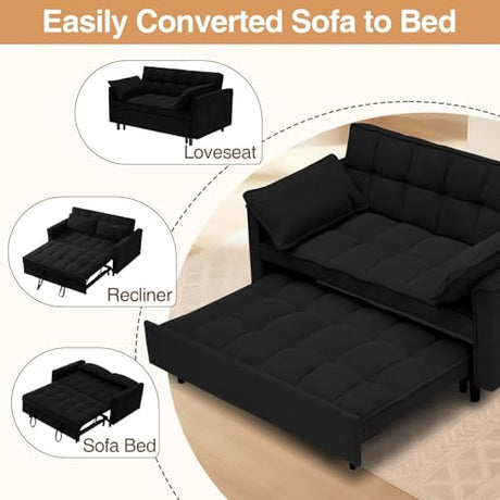 3 In 1 Corduroy Convertible Sofa Bed,Pull Out Couch Bed with Reclining Backrest And 2 Pillows, 54" Full Size Loveseat Sleeper Sofa Futon Couch Bed, Couches For Small Spaces, Living Room (Black ①) Xinmviec