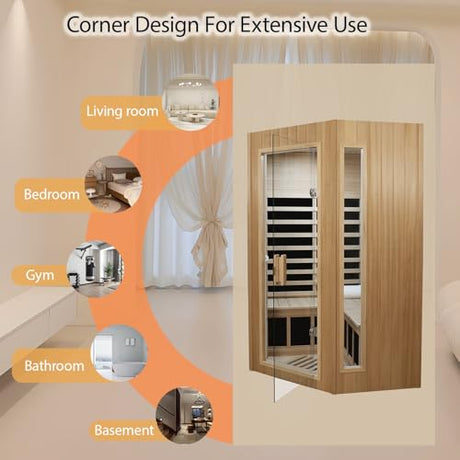 LTCCDSS 2-3 Person Infrared Sauna, Far Infrared Saunas for Home Low EMF Indoor Home Sauna Spa with Tempered Glass Door, Hemlock Wooden Corner Sauna Room,1670W/120V, Bluetooth Speaker, 2 Reading Lamps LTCCDSS