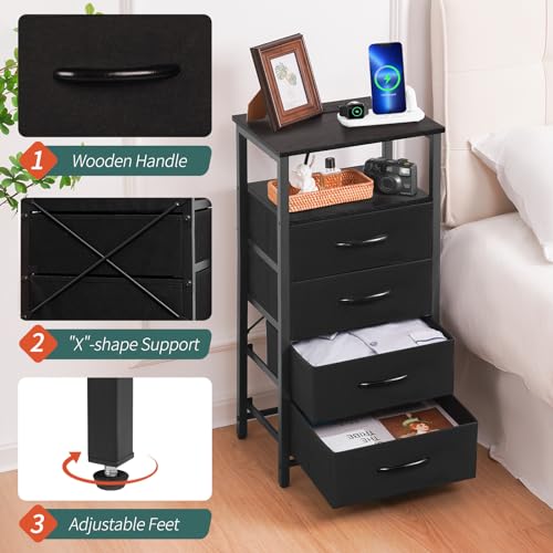 Yoobure Night Stand - LED Black Nightstand with Charging Station, Bedside Table with 4 Storage Drawers and Storage Shelf, End Table with USB Ports and Outlets, Fabric Tall Dresser for Bedroom Yoobure
