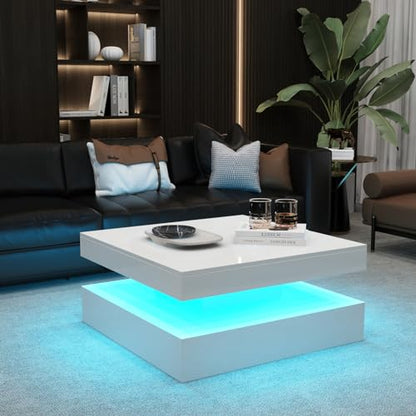 LED Square Coffee Table White with Storage Drawers, High Glossy Center Table Living Room, Mid-Century Cocktail Table, 16 Color & 4 Mode Lights, 2-Tier Middle Table Modern, 31"x31"x14.6" - WoodArtSupply