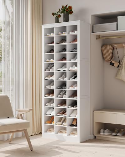 Hzuaneri Shoe Storage Cabinet, 36 Pairs Free Standing Closet Organizer, 9 inch Widened Cell Wood Shoe Organizer, 12 Tiers Vertical Space Saving Shoe Rack for Entryway, Cloakroom, White SR20703X Hzuaneri